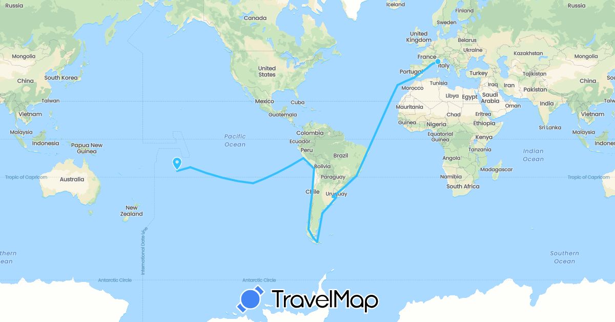 TravelMap itinerary: driving, boat in Argentina, Brazil, Cook Islands, Chile, Cape Verde, Spain, France, Italy, Peru, Portugal, Uruguay (Africa, Europe, Oceania, South America)